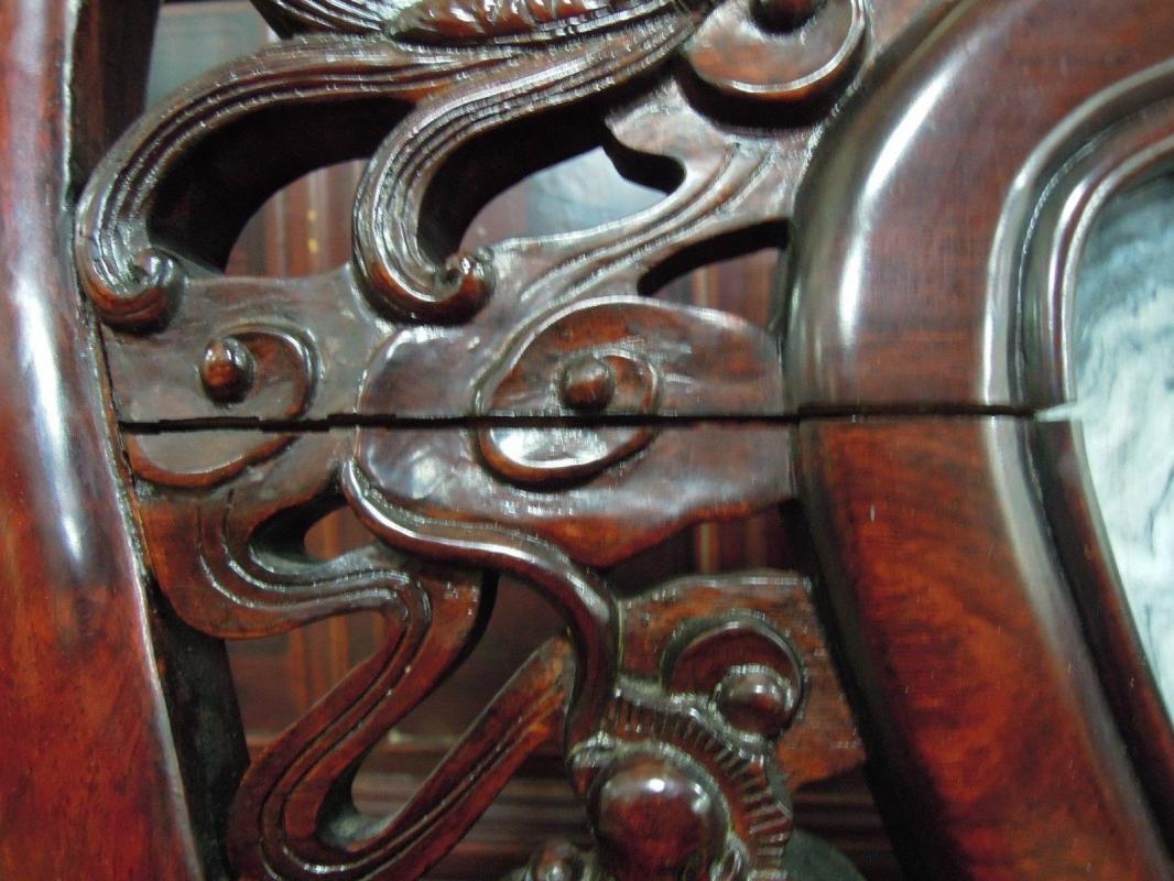 Asian Dragon Arm Chair Inlaid Medallion Stone Ornate Mahogany