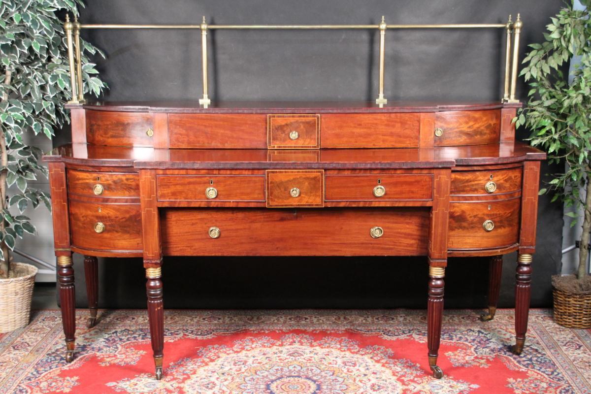 Regency English Sideboard Buffett Mahogany Burl Brass Rails Rare to Find