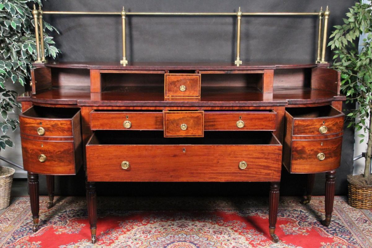 Regency English Sideboard Buffett Mahogany Burl Brass Rails Rare to Find