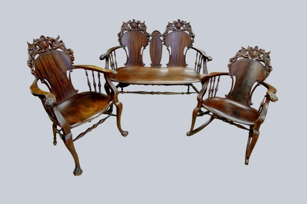 Horner Style Parlor Settee Rocking & Chair Griffin Heads