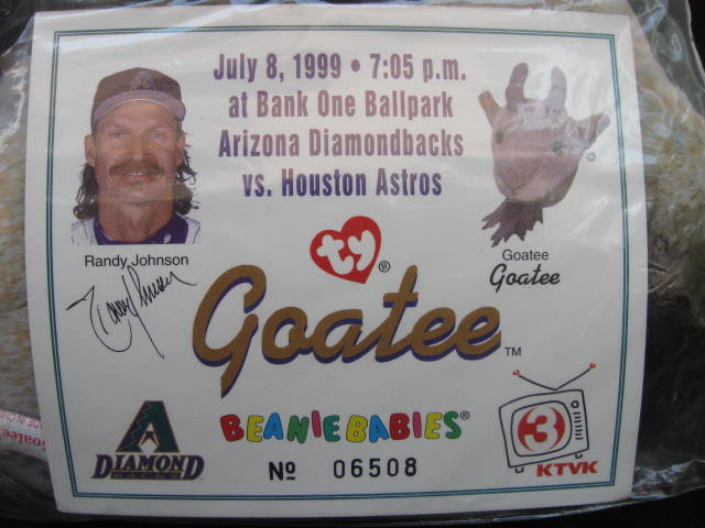 Ty Goatee Beanie Baby With Baseball Randy Johnson With Game Ticket Beanie Baby