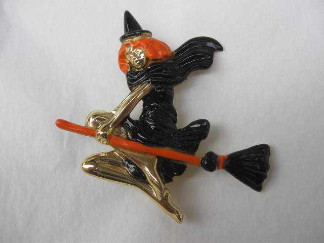 Pretty Flying Witch On Broom With Orange Hair Brooch Pin