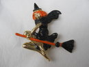 Pretty Flying Witch On Broom With Orange Hair Brooch Pin