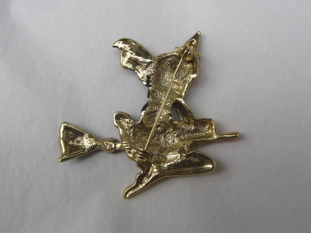 Pretty Flying Witch On Broom With Orange Hair Brooch Pin