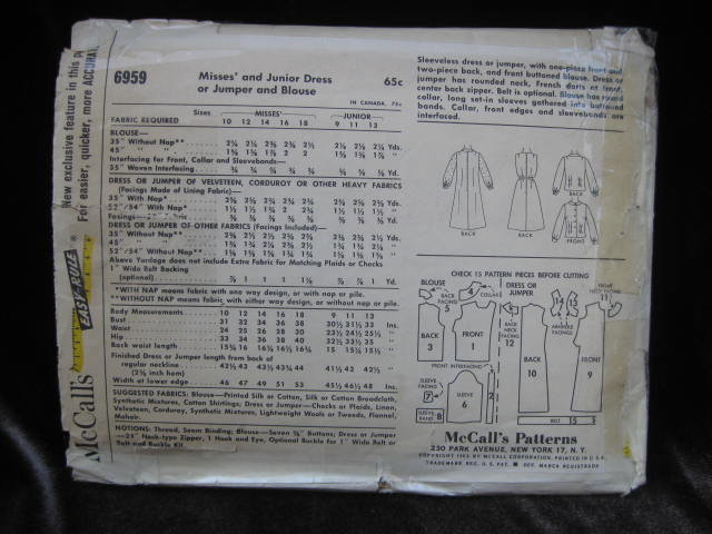 Vintage McCall's 6959 Misses' Dress Or Jumper & Blouse Sewing Pattern Size 14 1960's