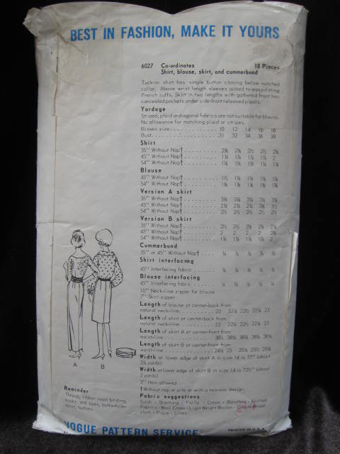 Vintage Vogue 6027 Misses' Shirt, Blouse, Skirt & Cummerbund Sewing Pattern Size 12 1960's