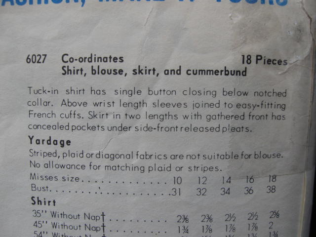 Vintage Vogue 6027 Misses' Shirt, Blouse, Skirt & Cummerbund Sewing Pattern Size 12 1960's