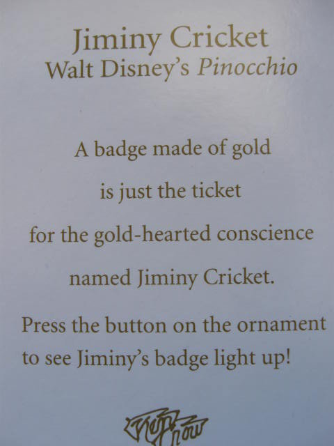 Hallmark 2011 Jiminy Cricket Walt Disney Pinocchio Christmas Tree Ornament Magic Light