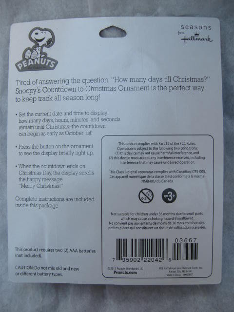 Hallmark 2011 Peanut's Snoopy's Countdown Till Christmas Ornament