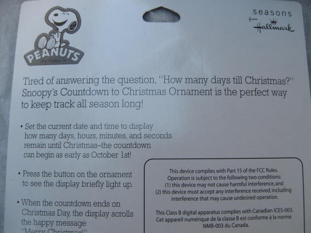 Hallmark 2011 Peanut's Snoopy's Countdown Till Christmas Ornament