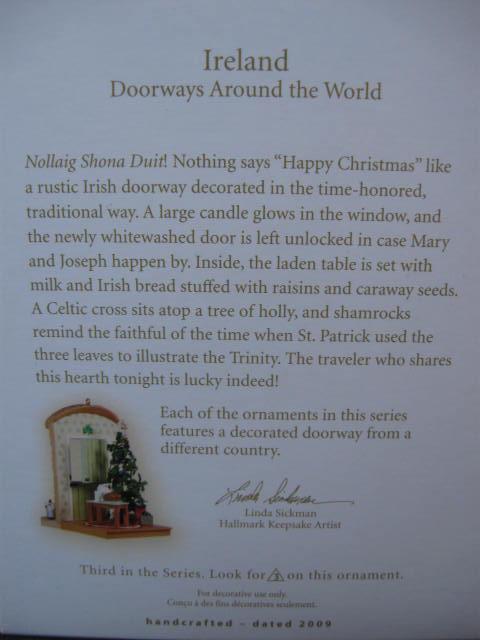 Hallmark 2009 Ireland Doorways Around The World #3 Christmas Tree Ornament