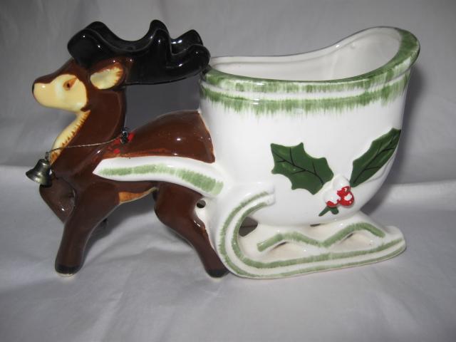 Vintage Reindeer & Sleigh Napco Christmas Planter or Candy Container