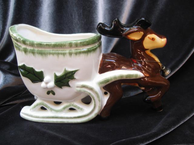 Vintage Reindeer & Sleigh Napco Christmas Planter or Candy Container