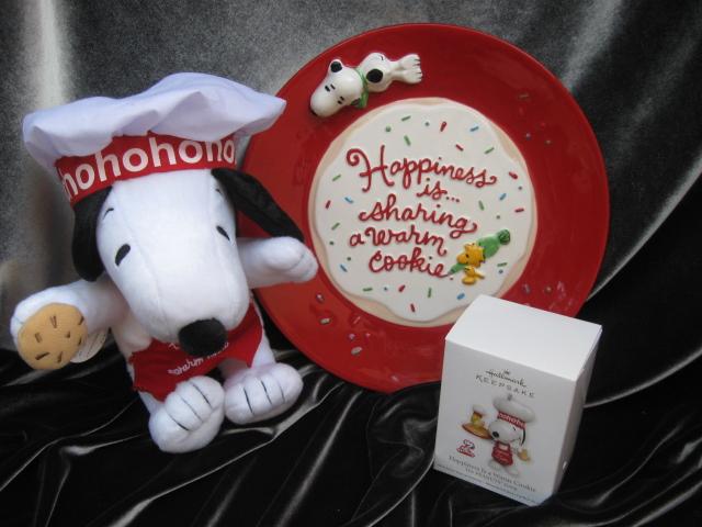 Lot 3 Hallmark 2011 Happiness Is A Warm Cookie Ornament, Snoopy Plush & Plate