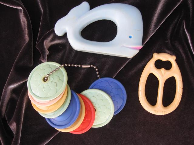 Lot of 3 Vintage Baby Toys - 2 Rattlers & 1 Teething Owl