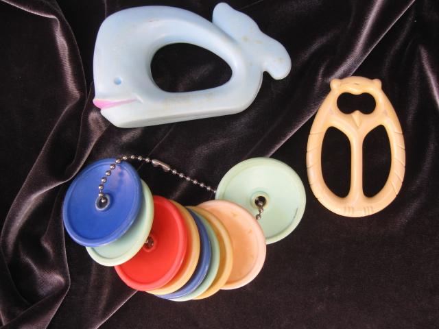 Lot of 3 Vintage Baby Toys - 2 Rattlers & 1 Teething Owl