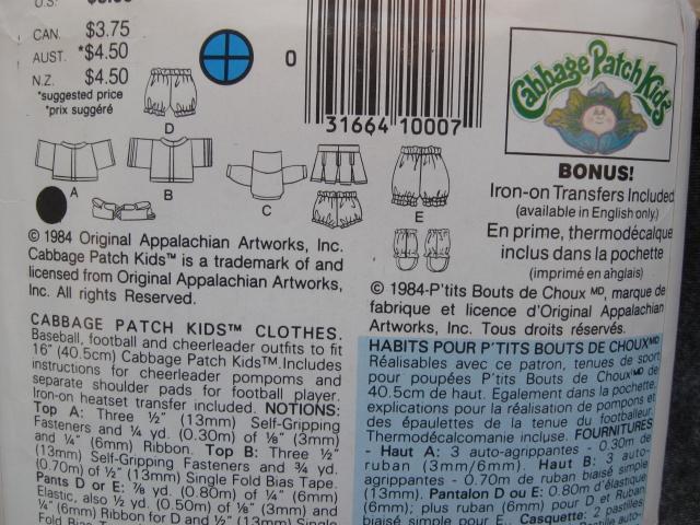 New Vintage Butterick 6827 Cabbage Patch Kids Cheer Leader Football Player Clothes Sewing Pattern