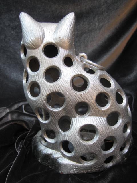 Cast Iron Silver & Black Cat Hanging Candle Holder Garden Figurine Doorstop
