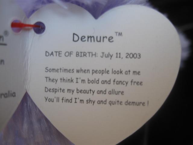 Ty Demure The Purple Poodle Dog Retired Beanie Baby