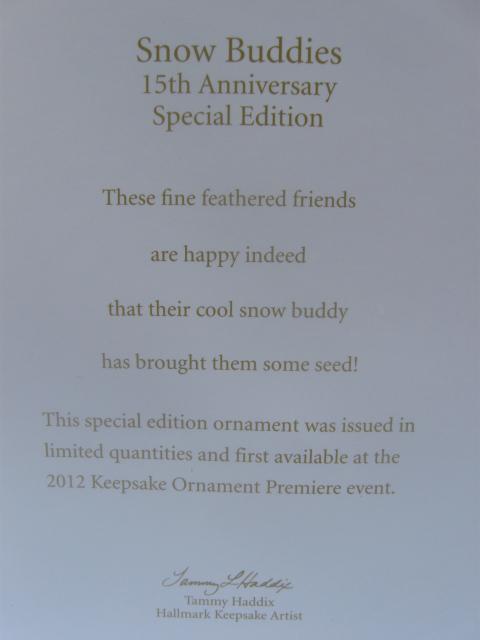 Hallmark 2012 Snow Buddies 15th Anniversary Limited Quantity Christmas Tree Ornament