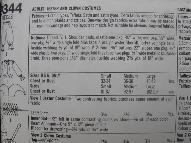 Vintage Simplicity Clown Mime Halloween Costume Sewing Pattern Adult Large