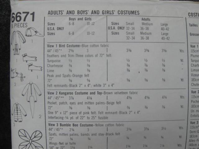 Vintage Simplicity 6671 Parrot Kangaroo Bumble Bee Halloween Costume Sewing Pattern Adult Large