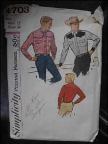 Vintage Simplicity 4703 Men's Western Shirt Sewing Pattern Neck 15 Chest 38 Rockabilly