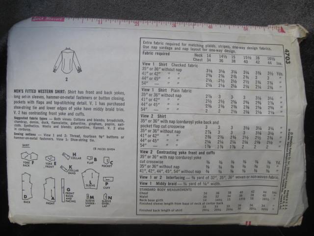 Vintage Simplicity 4703 Men's Western Shirt Sewing Pattern Neck 15 Chest 38 Rockabilly