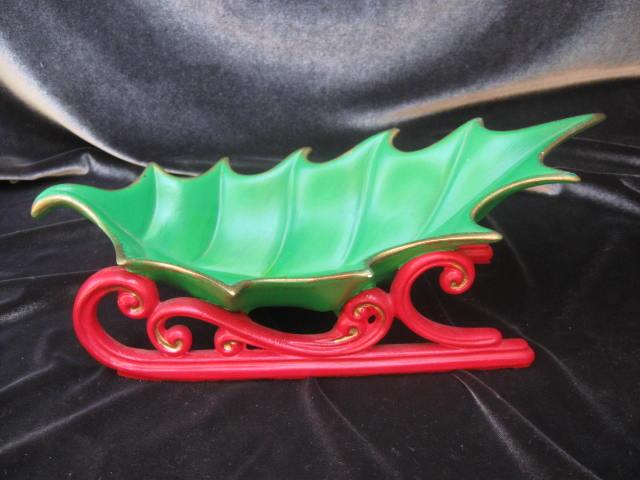 Vintage Atlantic Mold Holly Leaf Christmas Sleigh Candy Dish Or Centerpiece