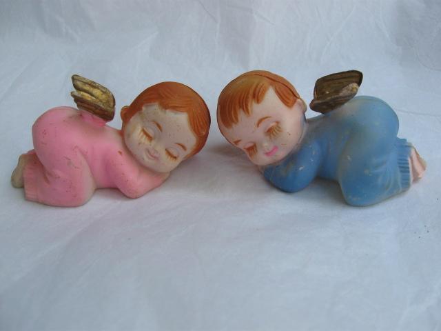 2 Vintage Boy & Girl Baby Sleeping Christmas Angels Wilton Cake Toppers