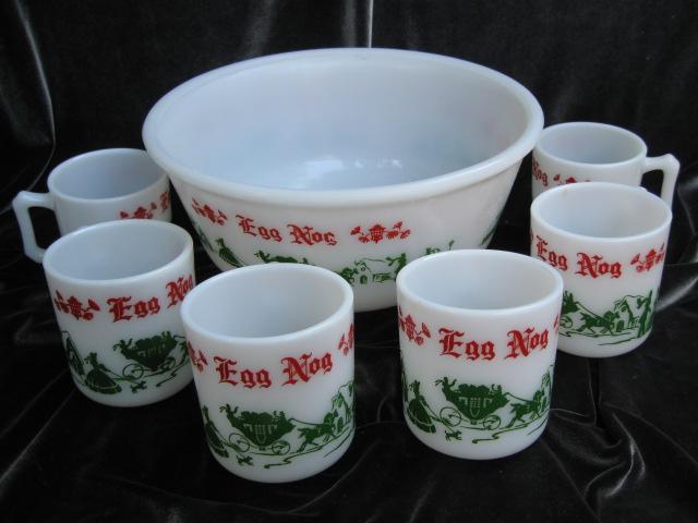 Vintage Hazel Atlas Tom & Jerry Egg Nog Punch Bowl & 6 Mugs - 7 Piece Christmas Serving Set