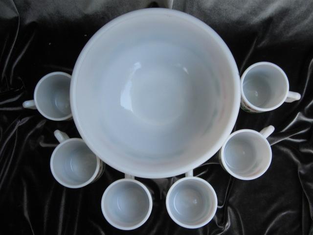 Vintage Hazel Atlas Tom & Jerry Egg Nog Punch Bowl & 6 Mugs - 7 Piece Christmas Serving Set