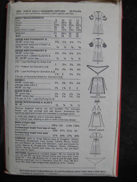 New Vintage Butterick 4261 Dolly Madison Puritan Colonial Halloween Costume Sewing Pattern