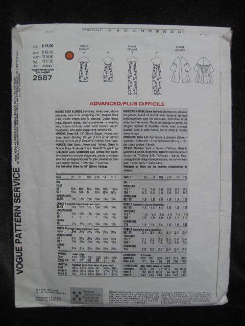 New Vogue 2587 Victor Costa Coat & Evening Dress Sewing Pattern Misses Size 12 14 16