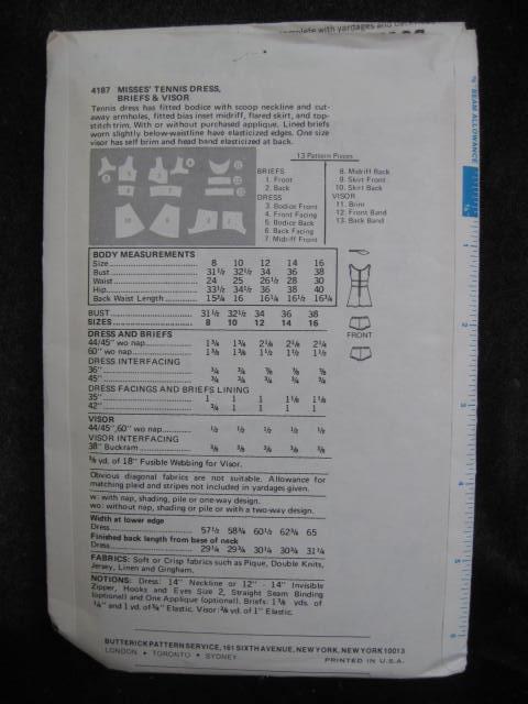 New Vintage Butterick 4187 Misses Tennis Dress Sewing Pattern Size 8