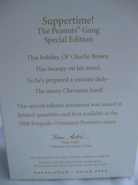 Hallmark 2008 SUPPERTIME Snoopy & Charlie Brown Special Limited Quantity Christmas Tree Ornament
