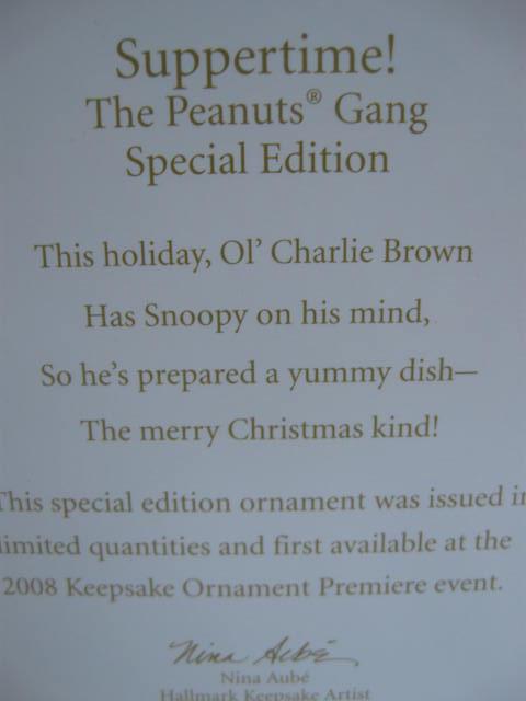 Hallmark 2008 SUPPERTIME Snoopy & Charlie Brown Special Limited Quantity Christmas Tree Ornament