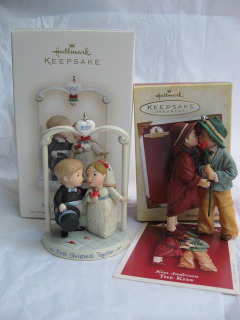 Lot Of 2 Hallmark Romance Ornaments The Kiss & Married & Merry Christmas Tree Ornaments 2005 & 2007