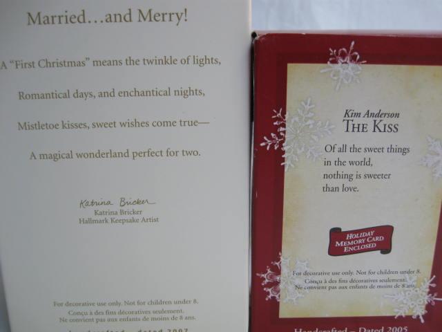 Lot Of 2 Hallmark Romance Ornaments The Kiss & Married & Merry Christmas Tree Ornaments 2005 & 2007