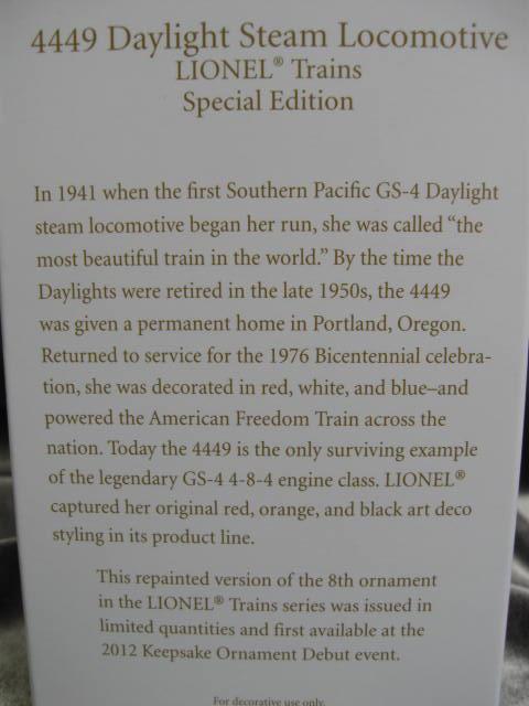 Hallmark 2012 Lionel 4449 Daylight Steam Locomotive Special Limited Quantity Edition Christmas Tree Ornament