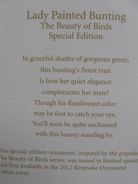 Hallmark 2012 LADY PAINTED BUNTING Beauty of Birds Series Limited Edition Christmas Tree Ornament