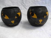 2 Glass Black Cat Tealight Candle Holders Glitter Finish