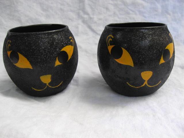 2 Glass Black Cat Tealight Candle Holders Glitter Finish