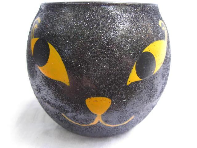 2 Glass Black Cat Tealight Candle Holders Glitter Finish