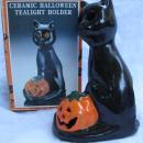 Vintage Kmart Ceramic Halloween Black Cat With Jack O Lantern Tea Light Candle Holder.