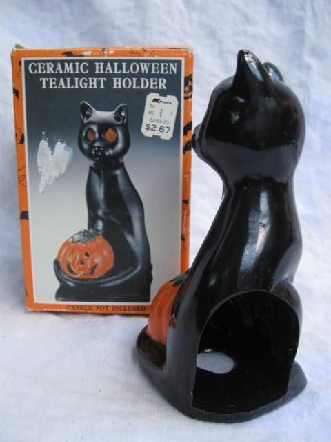 Vintage Kmart Ceramic Halloween Black Cat With Jack O Lantern Tea Light Candle Holder.
