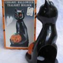 Vintage Kmart Ceramic Halloween Black Cat With Jack O Lantern Tea Light Candle Holder.