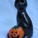 Vintage Kmart Ceramic Halloween Black Cat With Jack O Lantern Tea Light Candle Holder.