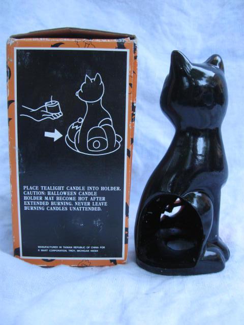Vintage Kmart Ceramic Halloween Black Cat With Jack O Lantern Tea Light Candle Holder.