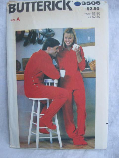 New Vintage Butterick 3506 Unisex Footed Pajamas Sewing Pattern Size A S - M - L All Sizes Misses' & Men's